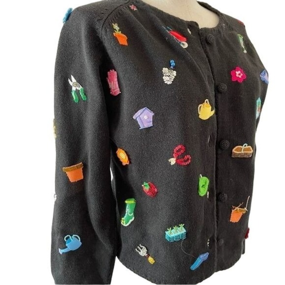 Michael Simon Cardigan Spring Gardener Sweater Wearable Art Black Small vintage - Picture 4 of 13